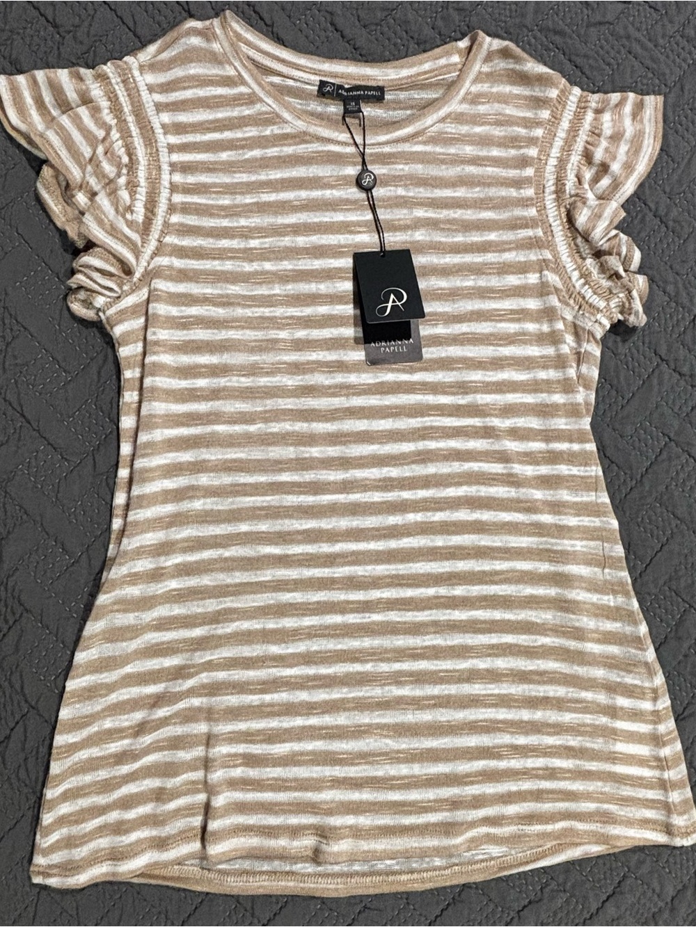 Adrianna Papell Beige and White Striped Ruffle Sleeve Tank